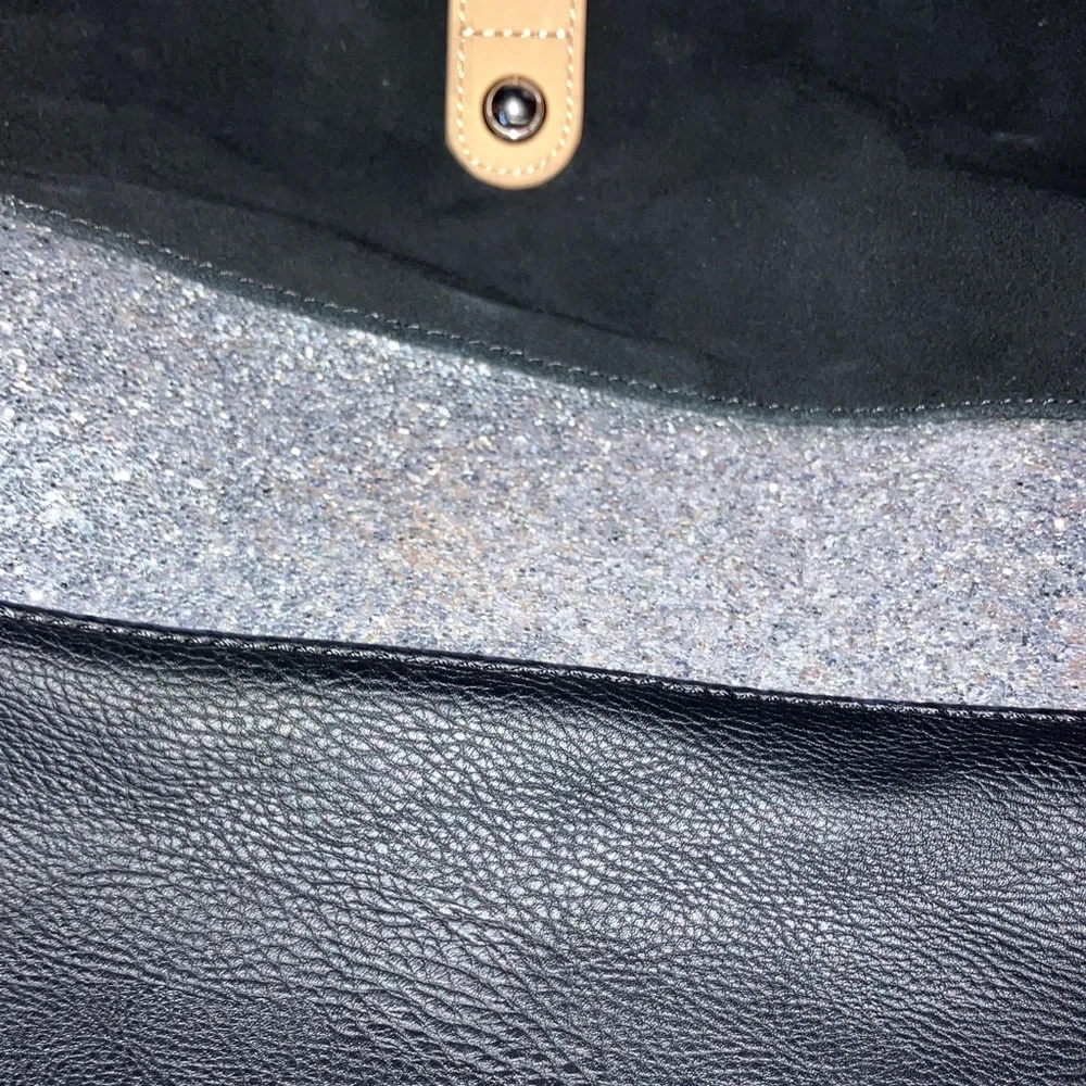 Steve Madden Black Tote with Silver Sparkle Stripe and‎ Tan Handles